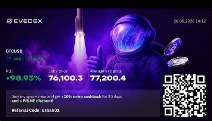 The image shows a screenshot of an advertisement for a cryptocurrency exchange called EVEDEX, which has a purple background with a rocket ship graphic. The text on the screen reads "Just closed one of my cleanest BTC trades on @EVEDEX and I finally understand why people are talking about this platform ... No lag. No messy UI. No painful gas experience. Most DEXs make trading feel complicated." This advertisement is promoting a cryptocurrency exchange that offers fast execution speeds, low fees, and a user-friendly interface for trading Bitcoin and other digital assets.