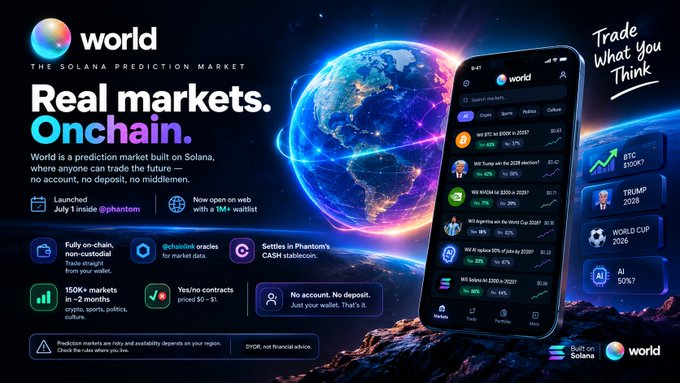 A promotional graphic for 'world' - The Solana Prediction Market, highlighting features like 'Real markets. Onchain.', fully on-chain non-custodial trading, and 150K+ markets in under 2 months.