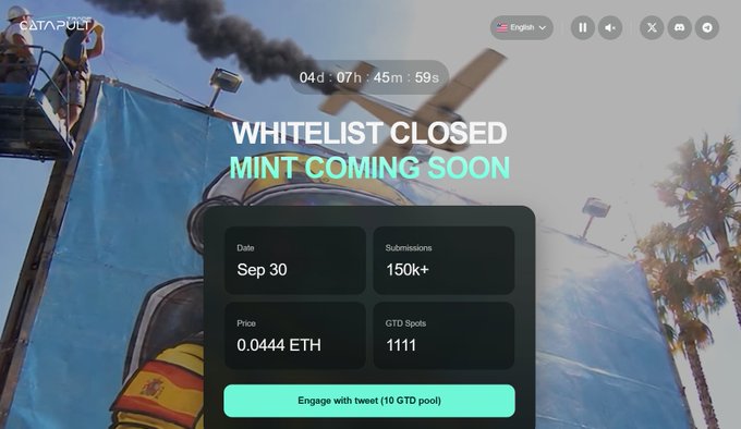 A countdown screen showing 'WHITELIST CLOSED, MINT COMING SOON' with details: Date Sep 30, Submissions 150K+, Price 0.0444 ETH, GTD Spots 1111, and a button to 'Engage with tweet (10 GTD pool)'.