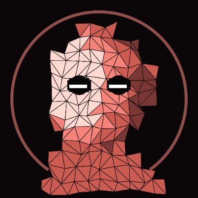A geometric, low-poly red illustration of a figure with rectangular black eyes, resembling a character from the game 'Super Meat Boy,' set against a dark circular background.
