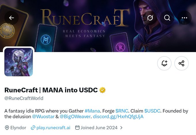 X/Twitter profile for RuneCraft (@RuneCraftWorld), described as 'A fantasy idle RPG where you Gather #Mana. Forge $RNC. Claim $USDC,' with a banner reading 'Runecraft — Real Economics Meets Fantasy,' based in Elynndor at play.runecraft.ai.