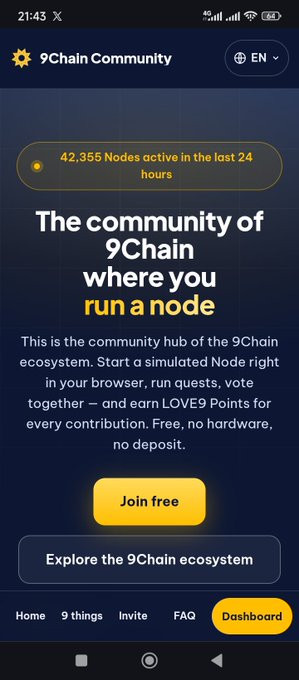 Mobile screenshot of the "9Chain Community" app showing "42,355 Nodes active in the last 24 hours", "The community of 9Chain where you run a node", and "Join free" / "Explore the 9Chain ecosystem" buttons.
