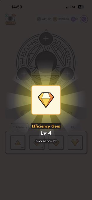iphone screen displays a game interface with a gold diamond, "Efficiency Gem" and "Lvl 4", and a "Collect" button.