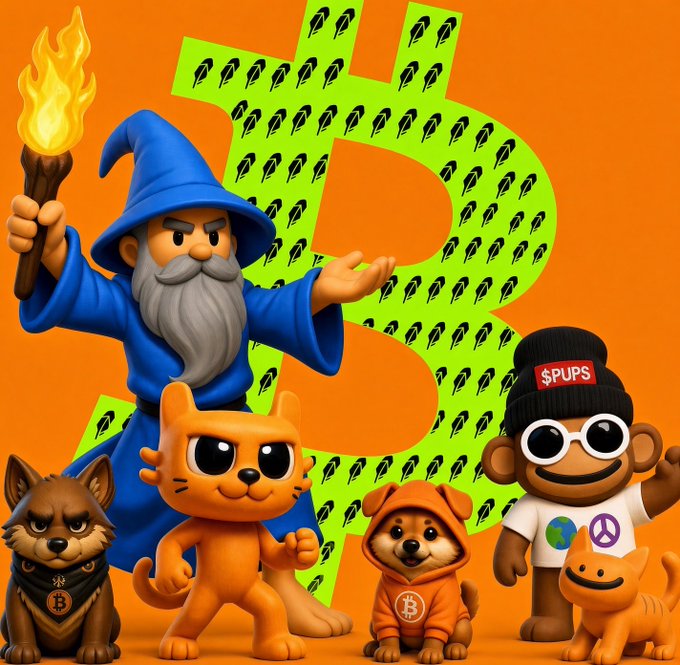 A 3D-rendered wizard holding a torch stands next to several cartoon characters, including cats and monkeys, with a large green Bitcoin logo in the background.