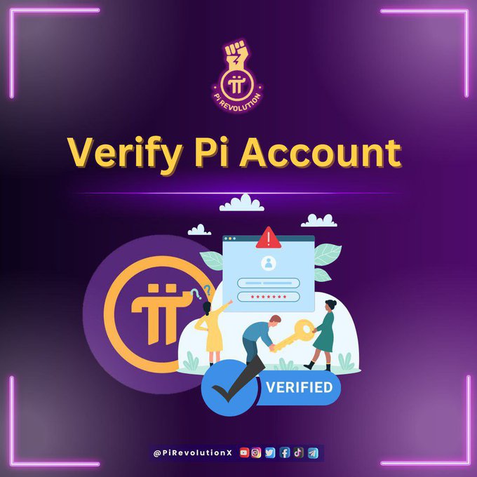 A purple graphic titled "Verify Pi Account" features the Pi Revolution logo, a Pi coin illustration, and characters surrounding a login screen with a "VERIFIED" badge, visually reinforcing the post's message about Proof of Personhood as a vital tool against bots and fake accounts in Web3. The @PiRevolutionX handle and social media icons appear at the bottom.