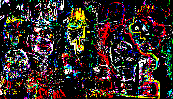 A colorful abstract painting featuring chaotic brushstrokes in red, yellow, blue, green, white, and black on a dark background, with 'Sami' signed in the lower left.