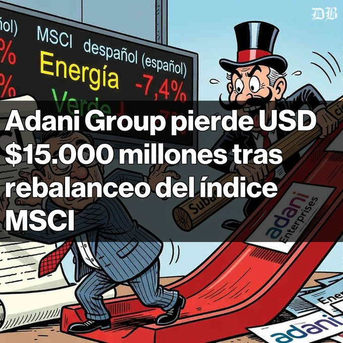 The image is a political cartoon showing a panicked businessman being pushed down a red slide by a top-hatted figure holding a "Subasta" (Auction) bat, with a stock ticker displaying "MSCI español" and "Energía -7,4%" in the background, alongside scattered "adani Enterprises" papers—visually satirizing the post's headline that "Adani Group pierde USD $15.000 millones tras rebalanceo del índice MSCI," with the 7.4% energy drop directly referencing Adani Energy Solutions' loss mentioned in the text.