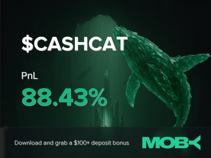 A promotional graphic for Moby featuring a green whale design displays "$CASHCAT" with a notable PnL of 88.43%, along with text inviting users to "Download and grab a $100+ deposit bonus" next to the Moby logo.

The image visually celebrates the trader's profitable close on $CASHCAT, showcasing the 88.43% gain alongside Moby branding to promote both the win and the platform's deposit bonus offer.