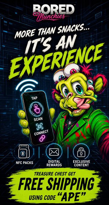 A vibrant promotional poster for 'Bored Munchies' featuring a green mutant ape character holding a phone displaying 'TAP, SCAN, CONNECT,' advertising free shipping with code 'APE' and features including NFC packs, digital rewards, and exclusive content.