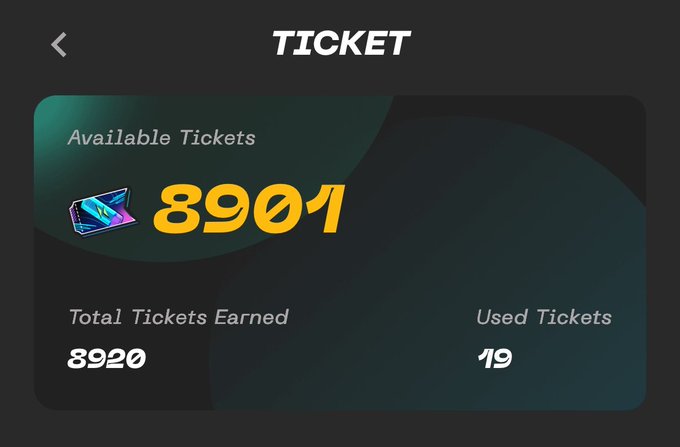 A digital ticket interface shows 8,901 available tickets, with 8,920 total tickets earned and 19 used tickets.