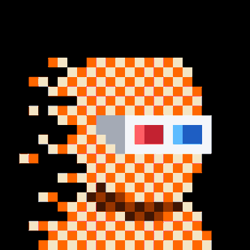 Pixel art image depicting an orange figure wearing 3D glasses with red and blue lenses.