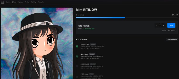 A webpage screenshot for 'Mint RITILIOW' showing a chibi anime girl avatar in a black hat, with NFT mint schedule details and an ethereum balance of 376 / 777.