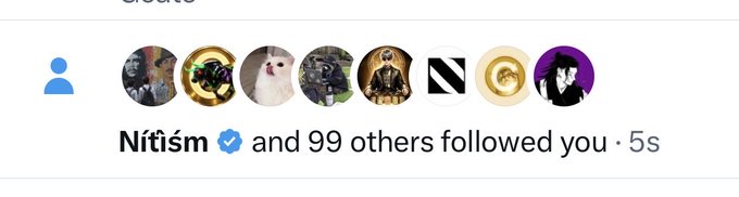 The image displays an Instagram notification showing that "Nítïsm ✓ and 99 others followed you" just 5 seconds ago, with various profile pictures of new followers displayed. The notification aligns with the post's message about gaining new followers, humorously suggesting this influx of 100 new followers in seconds is a sign of an imminent bull market leading to early retirement.