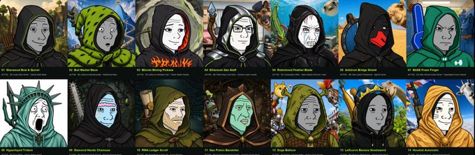 A grid of 14 unique NFT character portraits featuring different variations of the "Wojak" meme face, each wearing distinct hooded or armored gear with varying traits. The image illustrates the "240 unique traits" mentioned in the post, showcasing the visual diversity of the 4,663 "HOODS" collection.