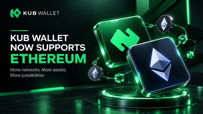 A promotional graphic for 'KUB WALLET' announces 'NOW SUPPORTS ETHEREUM' with the tagline 'More networks. More assets. More possibilities.' alongside a green KUB logo and Ethereum symbols.