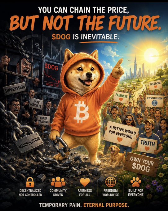 A Dogecoin ($DOG) promotional poster featuring a Shiba Inu dog in an orange hoodie breaking chains, with the slogan 'YOU CAN CHAIN THE PRICE, BUT NOT THE FUTURE. $DOG IS INEVITABLE.' and themes of decentralization, freedom, and community.