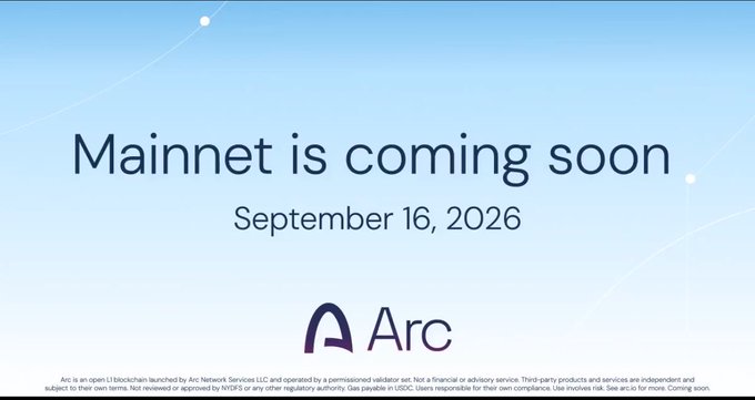 A promotional graphic with a light blue gradient background displays the text "Mainnet is coming soon September 16, 2026" above the "Arc" logo.
