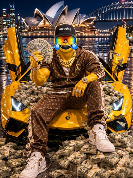 A digitally rendered character with a yellow emoji face, rainbow sunglasses, and a 'mogging' cap sits on a yellow Lamborghini covered in cash stacks, wearing a Louis Vuitton tracksuit and gold chain, with the Sydney Opera House visible in the background.