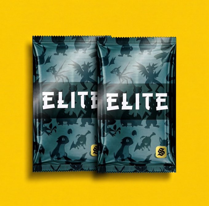 Two sealed Solflare "ELITE" trading card packs with dark teal wrapping featuring silhouettes of fantasy creatures, displayed against a yellow background. The image illustrates the unopened stage that the post references—showing what collectors see just before the satisfying moment of pulling, grading, and choosing what to do with their collectible inside.
