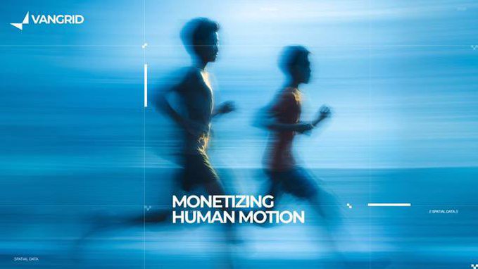 VanGrid promotional graphic featuring blurred silhouettes of two runners in motion with the tagline 'MONETIZING HUMAN MOTION' in white text against a blue background.
