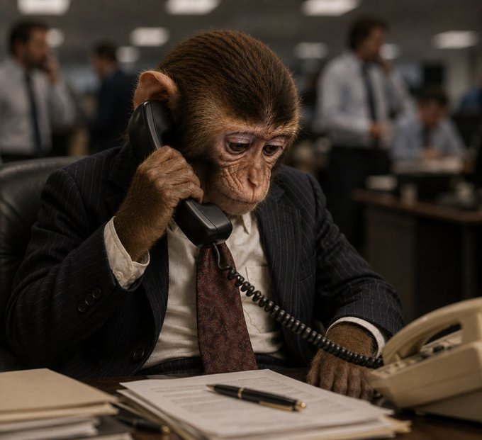 A chimpanzee wearing a pinstripe suit and tie sits at a desk in a busy office, talking on a black telephone with papers and a pen spread out in front of him.
