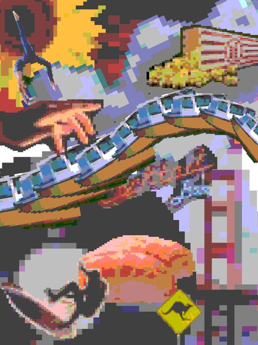 A pixel-art style collage with a glitch effect, depicting surreal elements including a roller coaster track, a pizza slice, a hand, a yellow kangaroo road sign, and various abstract shapes.