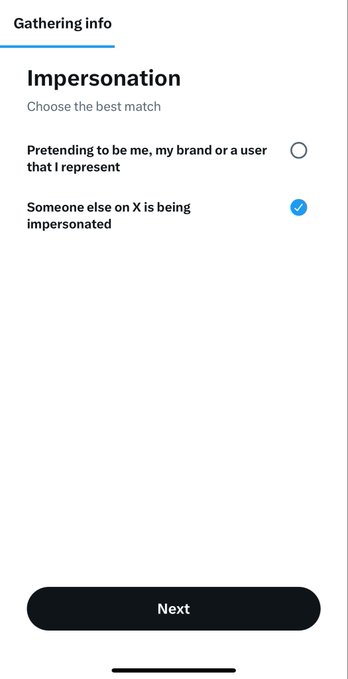A mobile app screen titled "Impersonation" with the option "Someone else on X is being impersonated" selected, and a "Next" button at the bottom.