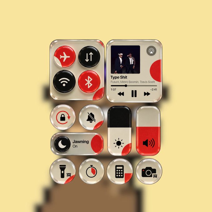 A customized iOS Control Center interface features a red, white, and black theme, displaying a music player for 'Type Shit' by Future, Metro Boomin, and Travis Scott.