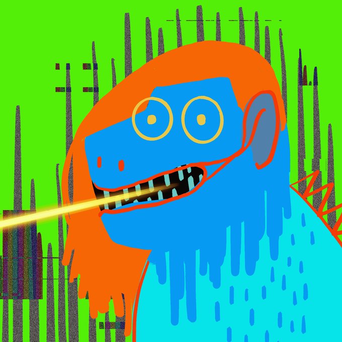 A brightly colored, psychedelic-style digital illustration of a blue-skinned figure with orange hair shooting a yellow laser beam from its mouth against a neon green background.