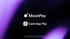 A logo screen displaying 'MoonPay' and 'Cash App Pay' against a dark purple gradient background.