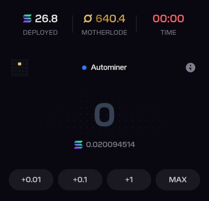 A cryptocurrency mining dashboard displays '26.8 DEPLOYED', '640.4 MOTHERLODE', and '00:00 TIME' at the top, with an 'Aut miner' section showing '0' and a balance of '0.020094514'.