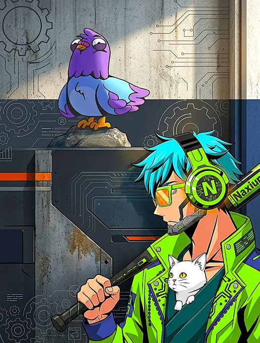 We need to write a concise 1-2 sentence caption describing what is in the image, including any key text, numbers, tickers or names visible. Also note how the image relates to the post.

Image: A stylized cartoon character with bright blue hair, green jacket, headphones with an "N" logo, holding a baseball bat labeled "Naxium". There's a white cat in his jacket pocket. A purple/blue bird perched on a rock above. Background is futuristic industrial with circuit patterns. Key text: "N" on headphones, "Naxium" on bat. Also maybe "N" stands for Naxium? The post mentions @RallyOnChain campaigns and "Wingston". The image likely represents a character named Wingston? The bird maybe Wingston? Not sure. The caption should describe the visual content and include visible text. Also relate to the post: the post is about self-doubt on a campaign submission,