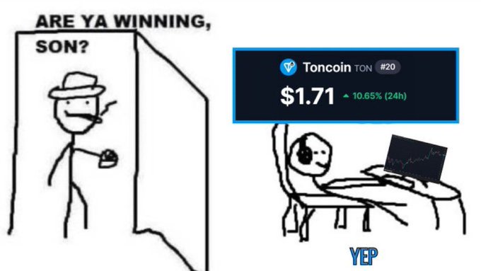 The image features a cartoon depiction of two people, one sitting at a desk with a laptop while another person stands behind them holding a book titled "Are ya winning?". The scene takes place against a gray background. The caption below the image reads "We’re getting there TON believers." which is likely an inside joke or reference to the cartoon's theme.