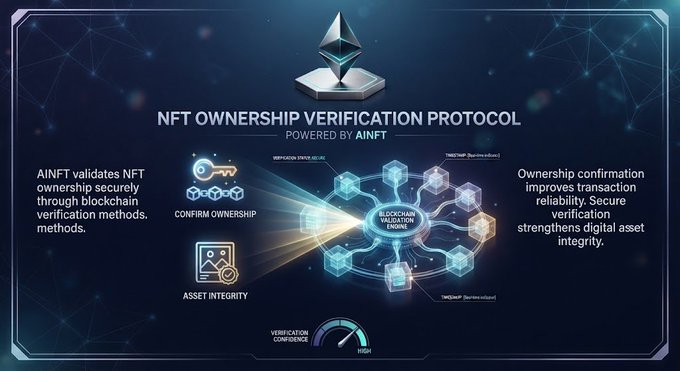 A promotional graphic titled 'NFT Ownership Verification Protocol Powered by AINFT' detailing blockchain verification engine features including confirm ownership, asset integrity, and verification confidence.