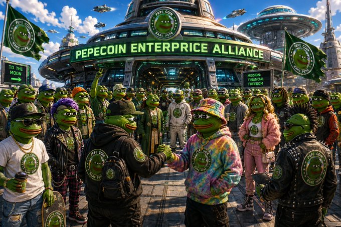 A vibrant, futuristic scene depicts a crowd of anthropomorphic green frog-like characters gathered outside a domed building with a sign reading 'PEPECOIN ENTERPRICE ALLIANCE,' celebrating a PepeCoin-themed cryptocurrency rally.