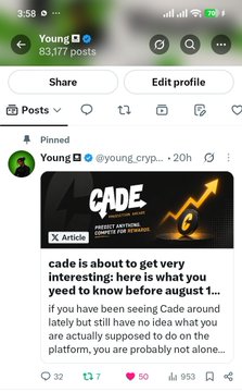 A social media profile page for 'Young' (@young_cryp) showing a pinned post with the headline 'cade is about to get very interesting: here is what you need to know before august 1...' alongside an image of a rising stock chart.