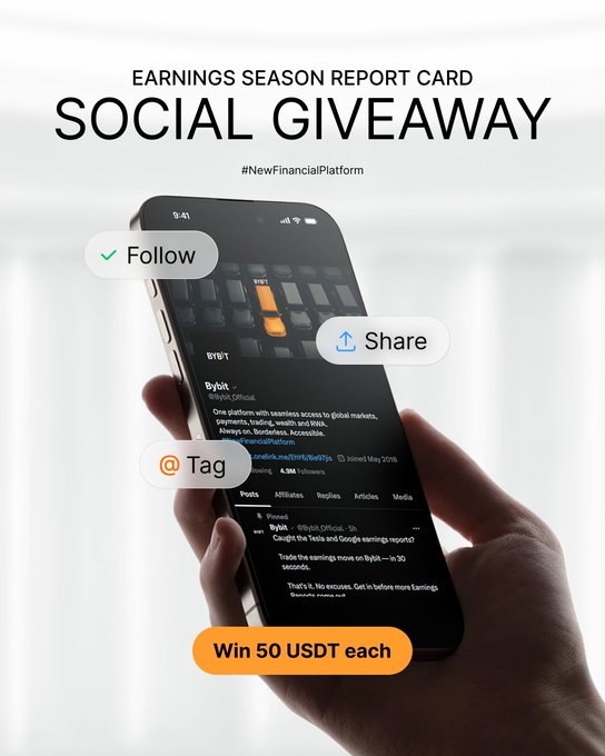 The image is a promotional graphic for the Bybit "Earnings Season Report Card" social giveaway, showing a hand holding a phone displaying the @Bybit_Official X (formerly Twitter) profile. It features three call-to-action buttons—"Follow," "Share," and "Tag"—along with an orange "Win 50 USDT each" banner, illustrating the participation steps outlined in the post.