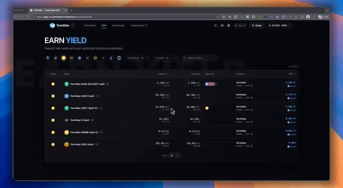 The image shows a computer screen displaying a website called "TermMaxFi" with a focus on the term "Earn yield". The website offers fixed-rate lending and borrowing services, which are managed by professional curators. It also provides information about the terms of these services, including interest rates and maturity periods. The post highlights that this platform is designed for TVL (term lending) users who want to invest in cryptocurrencies like Bitcoin or Ethereum.