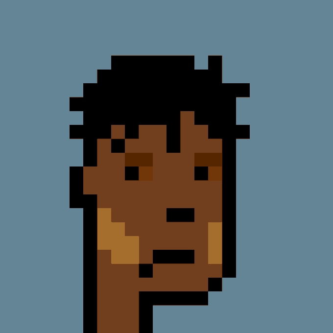 A pixelated portrait of a person with dark skin, short black hair, and brown/orange facial shading on a blue background.
