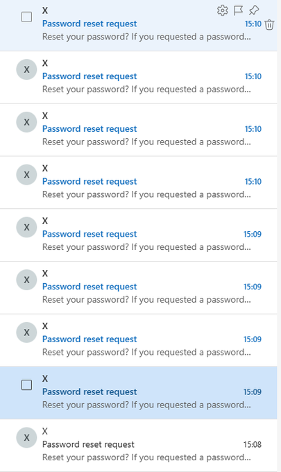 A screenshot of an email inbox showing multiple 'Password reset request' emails from a sender 'X', all received between 15:08 and 15:10.