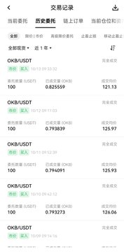 A screenshot of a cryptocurrency trading history record (交易记录) showing multiple OKB/USDT trades on October 18, 2024, displaying prices around 0.79-0.80 with various profit/loss amounts listed in red and green text.
