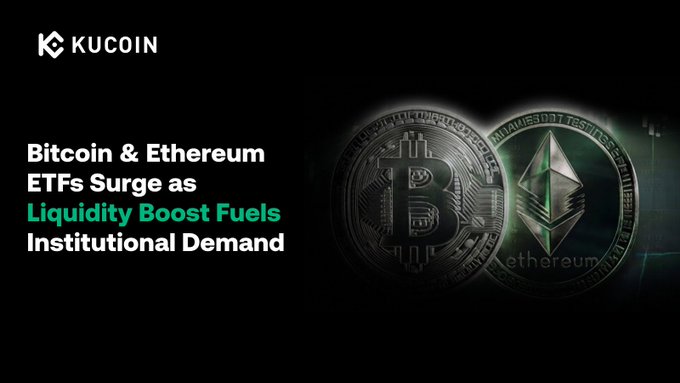 The image features a KuCoin promotional banner with the headline "Bitcoin & Ethereum ETFs Surge as Liquidity Boost Fuels Institutional Demand," alongside visual representations of Bitcoin and Ethereum coins, directly illustrating the post's message about record-breaking ETF inflows totaling $2.6 billion and $23.3 billion in combined assets under management driven by institutional interest.