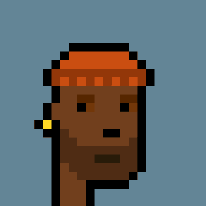 A pixel art portrait of a dark-skinned person wearing an orange headband and a yellow earring, set against a blue background.