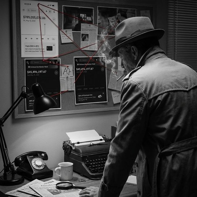 A detective in a trench coat and fedora studies a corkboard covered in connected evidence, including displays showing "$785,055,072.86" and "$45,496,197.67" alongside "A+ A- Coinbase" notations and "Claim $800 in BTC" alerts, while smoking a cigarette over a desk with a typewriter and vintage phone. The noir-style investigative scene visually represents the post's forensic examination of Alameda-funded wallets that minted hundreds of billions of wLUNA and dumped them onto Coinbase's order books to crush retail $LUNA/$LUNC holders.