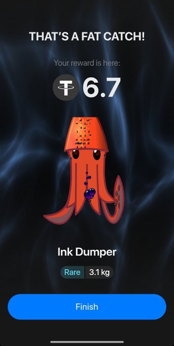 A mobile app screen showing a reward notification that says "THAT'S A FAT CATCH!" with a reward of 6.7, featuring a cartoon orange squid character labeled "Ink Dumper" and "Rare 3.1 kg" with a Finish button.