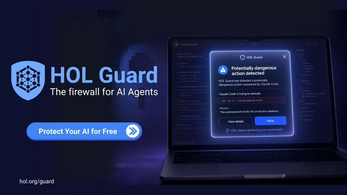 An advertisement for 'HOL Guard - The firewall for AI Agents' showing a laptop displaying a 'Potentially dangerous action detected' warning from Claude Code, with a 'Protect Your AI for Free' button and the URL hol.org/guard.