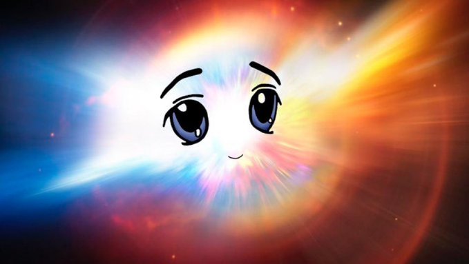 An anime-style face with large expressive blue eyes and a small smile emerges from a vibrant, cosmic burst of rainbow-colored light, evoking a celebratory and ethereal birthday tribute to Milady Maker.