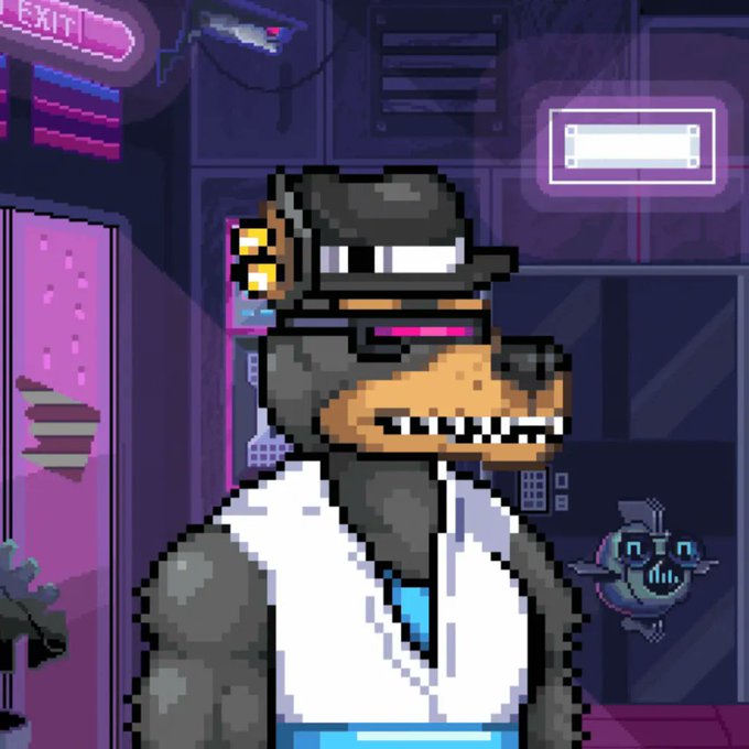 Pixel art of an anthropomorphic crocodile wearing a cap and lab coat, standing in a neon-lit cyberpunk-style room with a small robot nearby.