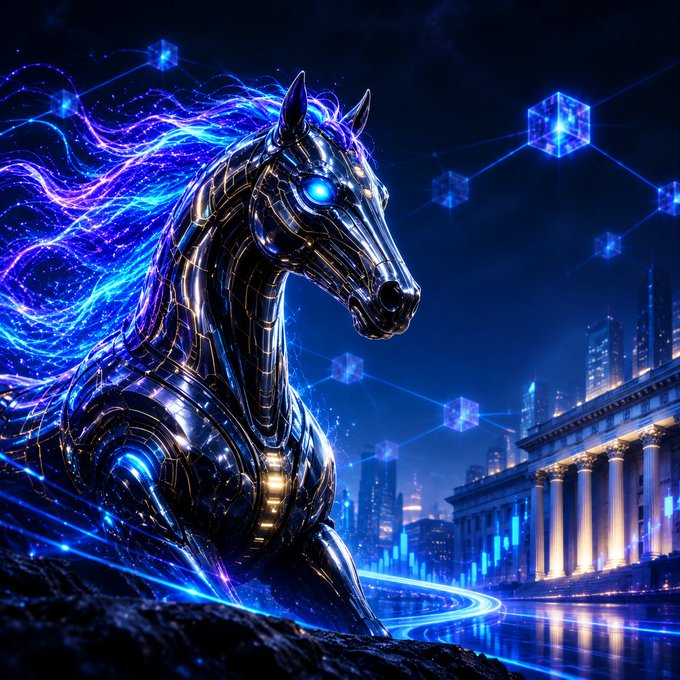 A digital art piece featuring a futuristic, armored horse with glowing blue eyes and a flowing purple and blue mane, set against a cyberpunk cityscape with floating holographic cubes.