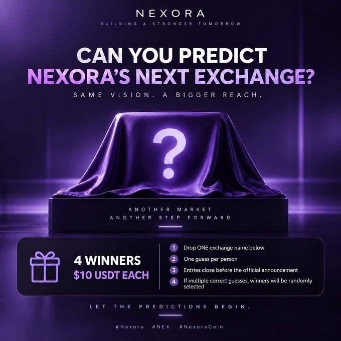 A promotional graphic for NEXORA ('BUILDING A STRONGER TOMORROW') asking 'CAN YOU PREDICT NEXORA'S NEXT EXCHANGE?' with a covered object displaying a question mark, offering '4 WINNERS $10 USDT EACH' to participants who guess an exchange name, tagged #Nexora #NEX #NexoraCoin.